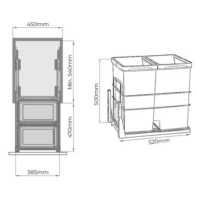 US Style Pull-Out Waste Bin System 2x28L for 450mm Cabinet